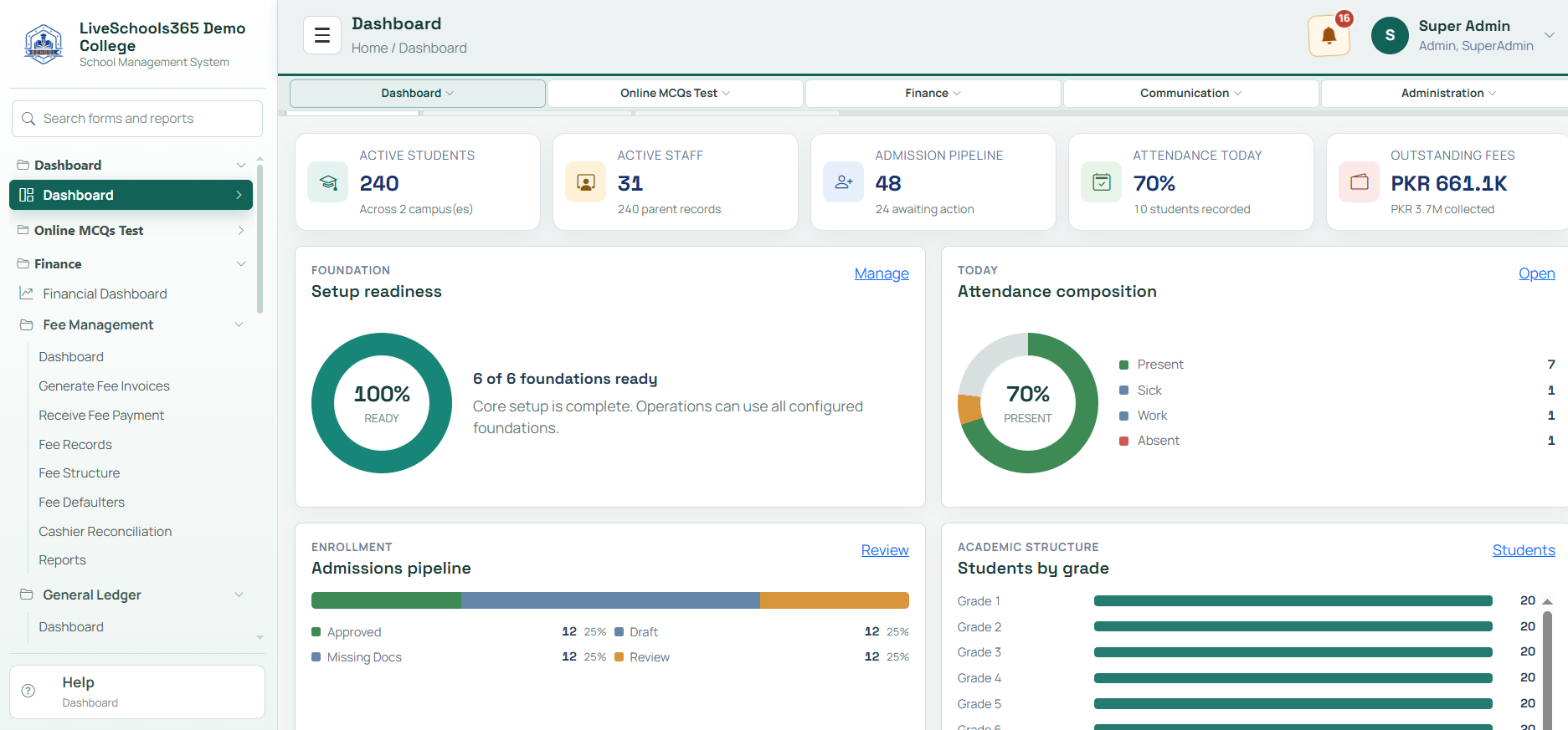 LiveSchools365 school management dashboard on desktop