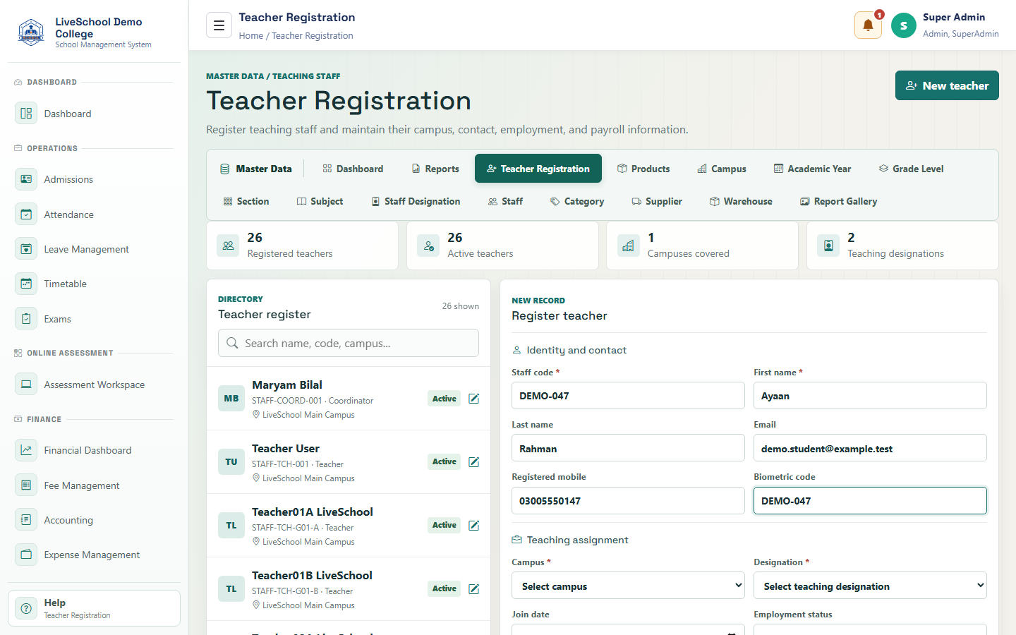 Administration and master data - teacher-registration