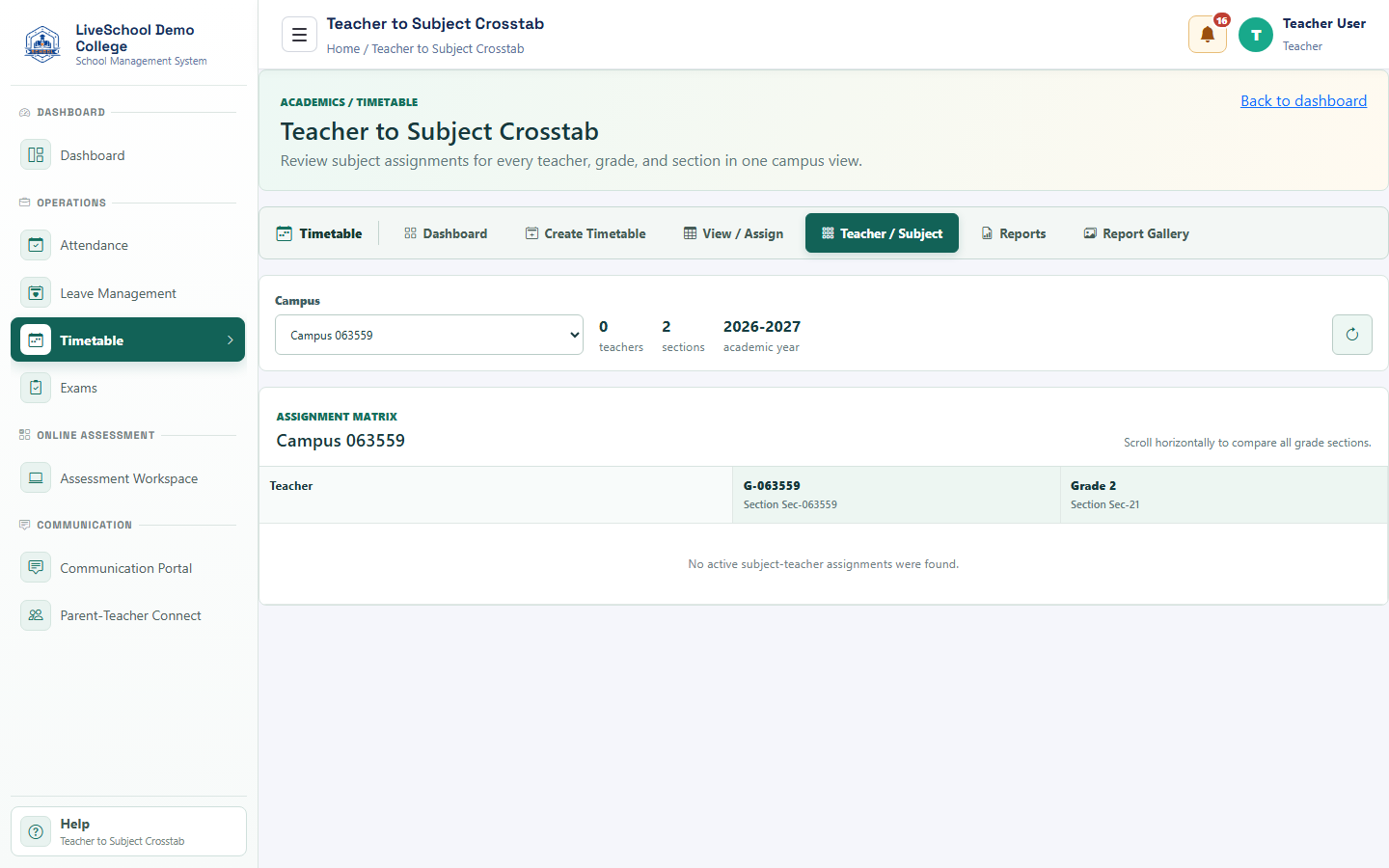 Academic delivery and timetable management - teacher-subject-crosstab