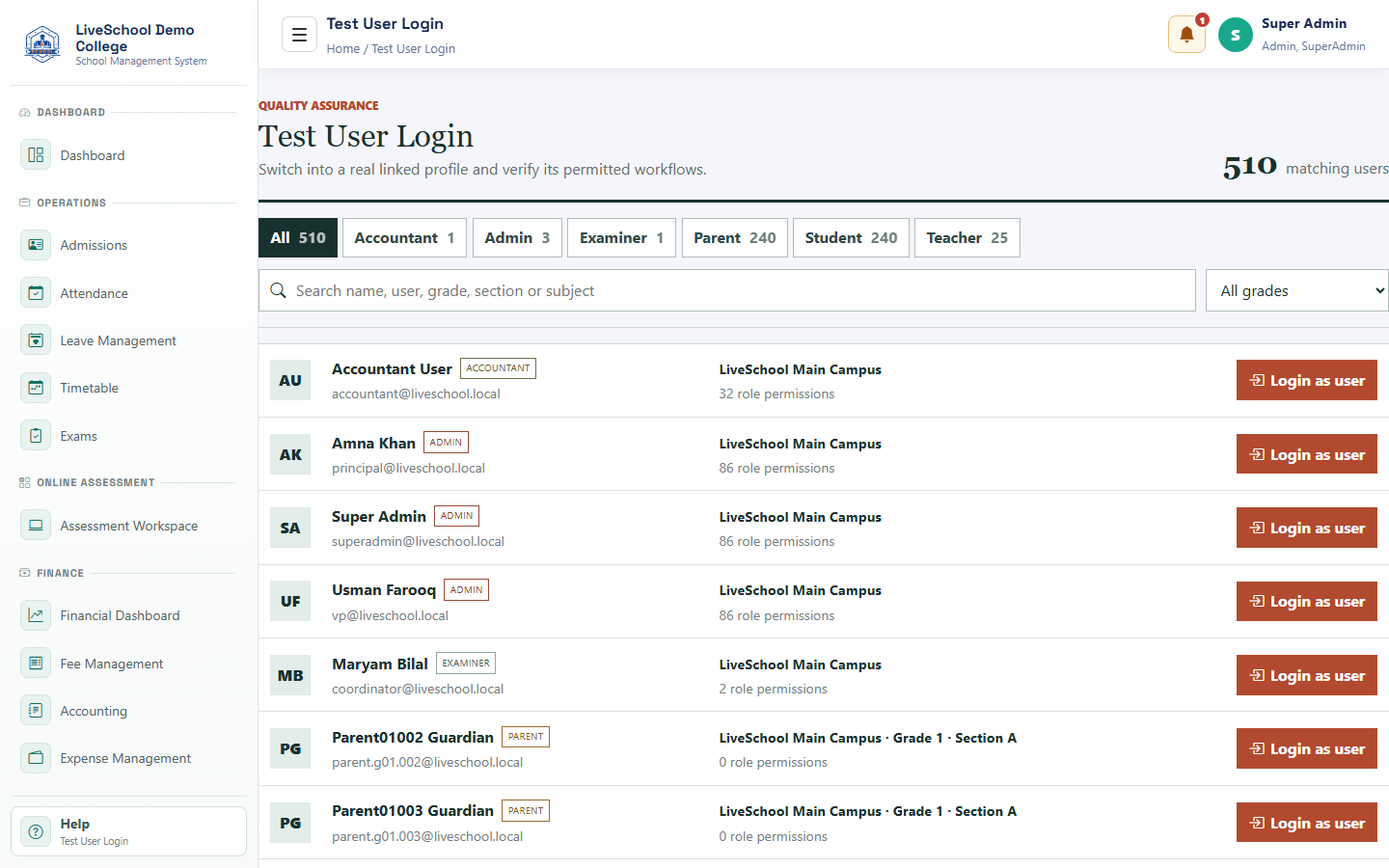 Security, roles, and school profile - test-user-personas